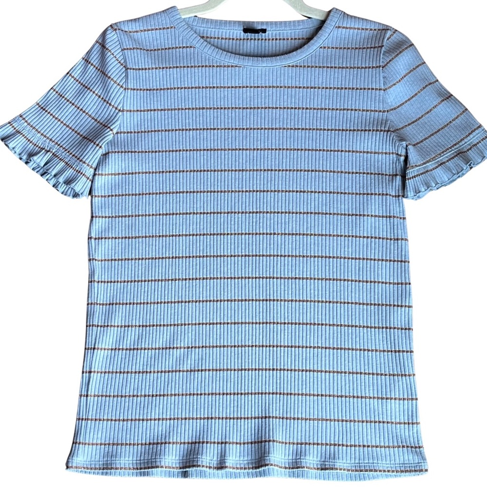 J Crew Top Sz S Scalloped Short Sleeves Blue with Gold Stripes Shirt Holiday Tee
